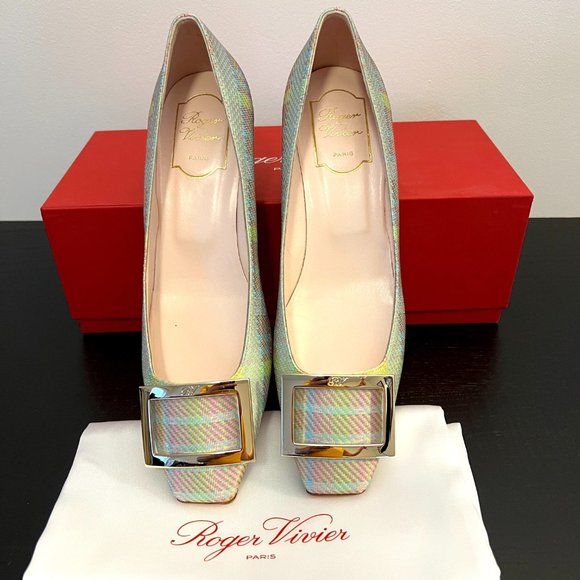 Roger Vivier Trompette Tartan Buckle Square-Toe Pumps In Pink Pattern - Size 9 - Picture 3 of 6